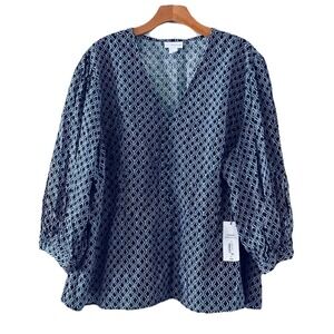 Liz Claiborne Womens Navy Geometric Button Up Blouse Puff Sleeve Size 2X NWT